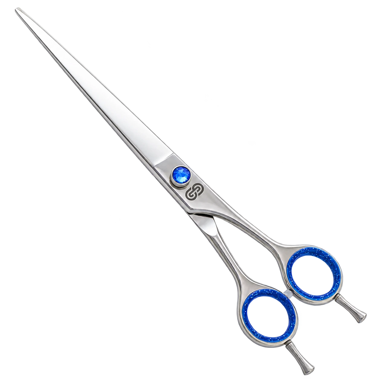 Polished Snipcraft cutting shear with blue finger rings and blue tension screw